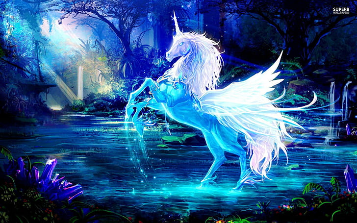 Kristal Unicorn, biru, malam, unicorn, kristal, 3d, dan abstrak, Wallpaper HD