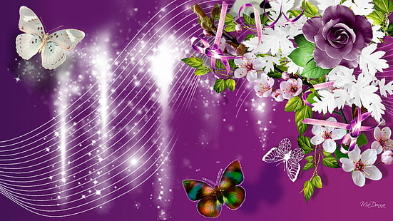 Rosas púrpuras lluvia que cae, brillo, magenta, centelleo, papillon, brillante, mariposa, flores, flores de manzana, sakura, mariposas, Fondo de pantalla HD HD wallpaper