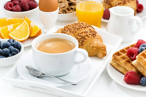 Speisen, Frühstück, Beere, Heidelbeere, Kaffee, Croissant, Tasse, Himbeere, Waffel, HD-Hintergrundbild HD wallpaper