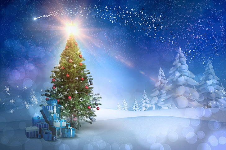 شجرة عيد الميلاد الخضراء ، الشتاء ، الثلج ، الليل ، الطبيعة ، المدينة ، الأضواء ، العام الجديد ، عيد الميلاد، خلفية HD