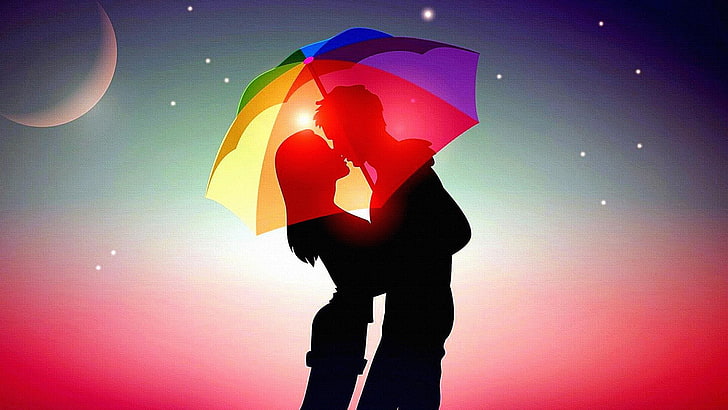 couple, lovers, love, umbrella, kiss, kissing, valentine day, HD wallpaper