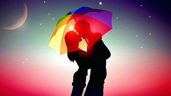 couple, lovers, love, umbrella, kiss, kissing, valentine day, HD wallpaper HD wallpaper