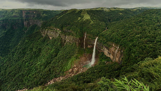 водопад, водопад, водопады Нохкаликай, облачно, Индия, Азия, Черрапунджи, погружение, мокрая, HD обои HD wallpaper