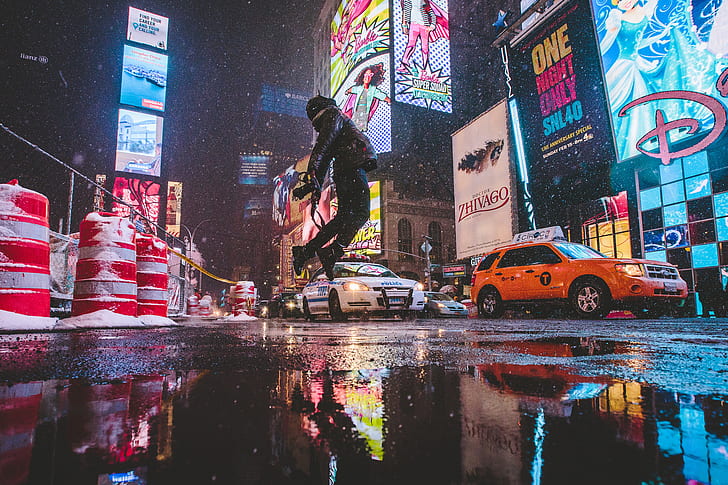 winter, reflection, street, New York, neon, camera, mirror, puddle, male, Manhattan, cars, cones, floating, United States, Times Square, HD wallpaper