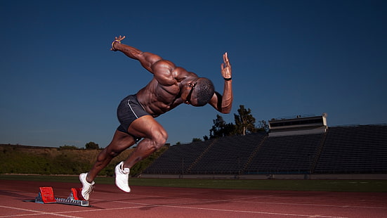 calções de pressão preto masculino, começo, músculo, corredor, estádio, atleta, bíceps, HD papel de parede HD wallpaper