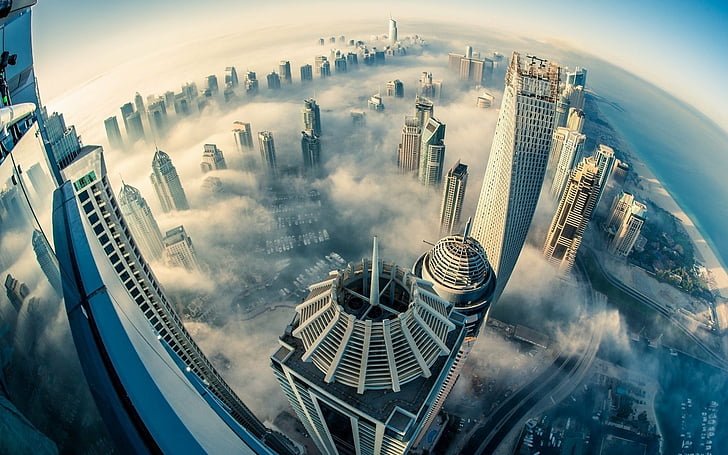 المدن ، دبي ، الإمارات ، الضباب ، شارع الشيخ زايد، خلفية HD