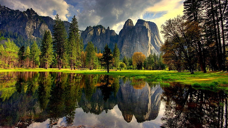 Park Narodowy Yosemite, USA, jezioro, odbicie wody, drzewa, trawa, góry, Yosemite, Narodowy, Park, USA, Jezioro, Woda, Odbicie, Drzewa, Trawa, Góry, Tapety HD