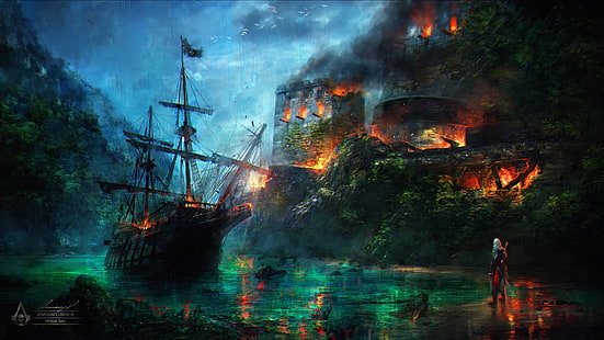 game wallpaper, Assassin's Creed, digital art, boat, Assassin's Creed: Black Flag, ship, castle, water, assassins, video games, HD wallpaper HD wallpaper