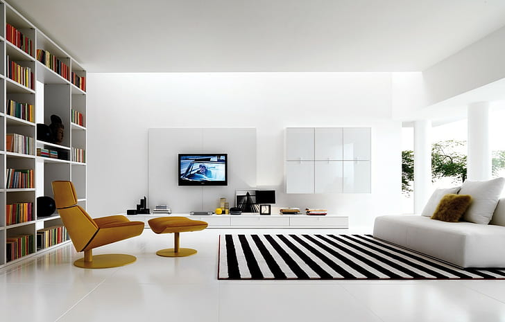 sofá, alfombras, libros, diseño de interiores, sala, Fondo de pantalla HD