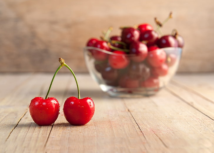 two red cherry fruits, berries, plate, fruit, cherry, HD wallpaper