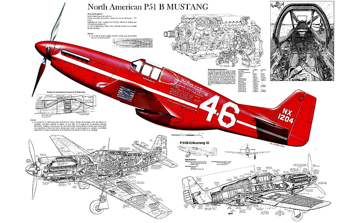 rouge nord-américain P51 B Mustang, art numérique, nord-américain P-51 Mustang, croquis, avion, cockpit, Fond d'écran HD