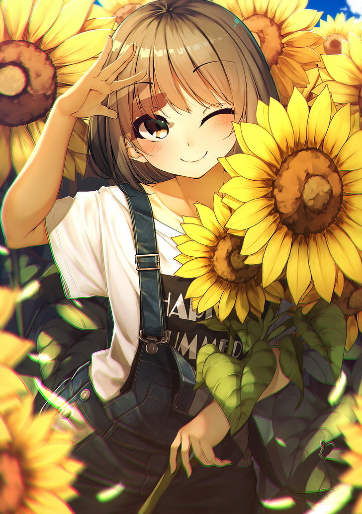sunflowers, brunette, brown eyes, overalls, HD wallpaper