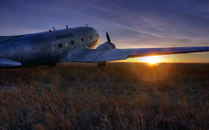 The Late Great Dc3 Dakota At Sunset, field, plane, sunset, vintage, aircraft planes, HD wallpaper