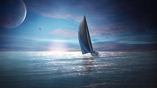 sea, water, ocean, sky, sailboat, calm, sail, horizon, sailing, fantasy art, sailing boat, moon, sailing ship, boat, HD wallpaper HD wallpaper