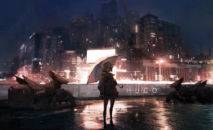 yağmur, Aks, anime kızlar, şemsiye, Robotlar, robot, gece, HD masaüstü duvar kağıdı