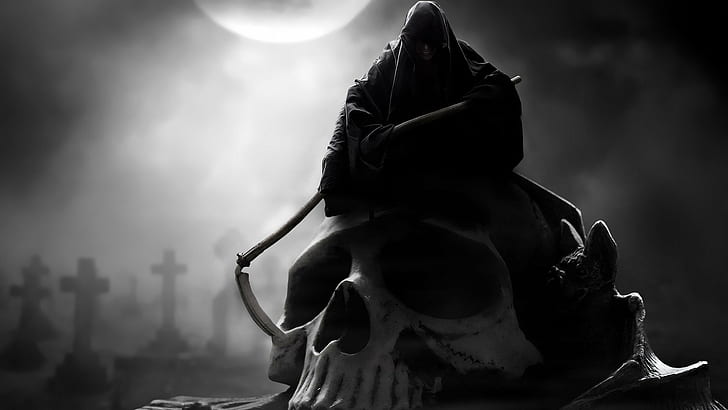 death, grim reaper, monochrome, skull, HD wallpaper
