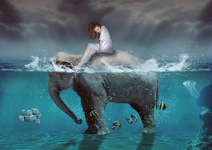 woman sitting on elephant painting, GIRL, SEA, WATER, The OCEAN, The SKY, DROPS, SQUIRT, SURFACE, MOOD, ELEPHANT, FISH, PACK, TRUNK, MEDUSA, The BOTTOM, HD wallpaper