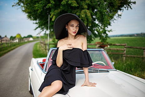 women, Angelina Petrova, black dress, hat, model, road, women outdoors, car, Denis Petrov, HD wallpaper HD wallpaper