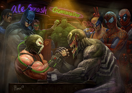 Цифровые обои для армрестлинга Venom and Bane, комиксы Marvel, комиксы DC, Venom, Бэтмен, Халк, Зеленый Фонарь, Человек-паук, Дэдпул, Росомаха, Бэйн, HD обои HD wallpaper