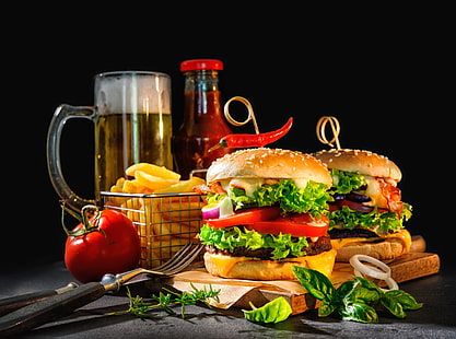 Jedzenie, Burger, Piwo, Frytki, Martwa Natura, Pomidor, Tapety HD HD wallpaper