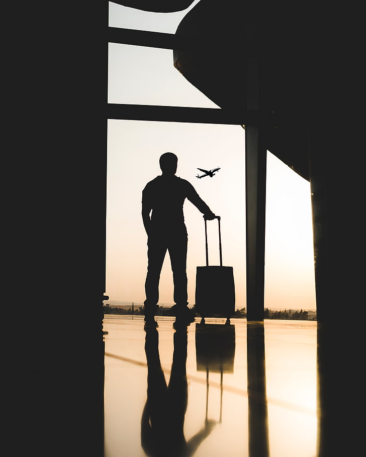 man, silhouette, airport, travel, suitcase, HD wallpaper