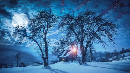 frost, landscape, house, cloud, bungalow, snowy, moon, night sky, fullmoon, cabin, full moon, tree, night, snow, freezing, nature, winter, sky, HD wallpaper HD wallpaper