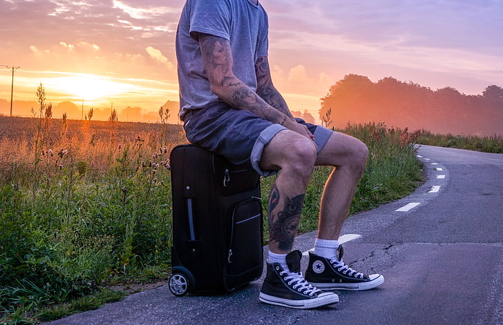 black soft-shell luggage, man, suitcase, sunset, tattoos, HD wallpaper