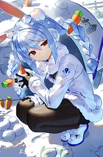 anime, dziewczyny anime, Hololive, Usada Pekora, czarne pończochy, śnieg, króliczek, uszy królika, Sco_ttie, Tapety HD HD wallpaper