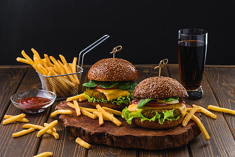Еда, гамбургер, картофель фри, натюрморт, HD обои HD wallpaper