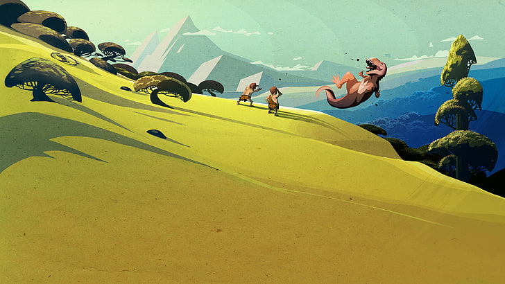 cartoon characters illustration, Steam (software), dinosaurs, landscape, minimalism, HD wallpaper