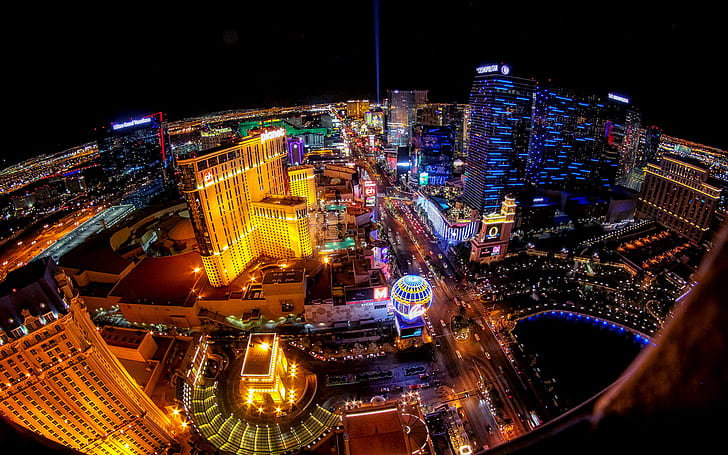 Las Vegas Buildings Night Lights Fisheye HD, нощ, сгради, градски пейзаж, светлини, рибешко око, Вегас, Лас, HD тапет