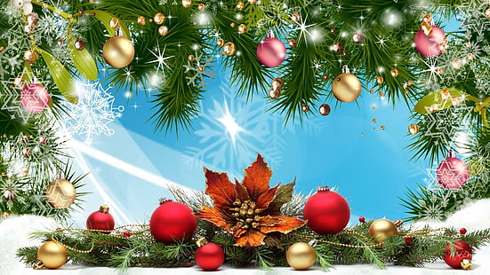 Декорации в снега, декорации, firefox персона, бор, звезди, Коледа, топки, feliz navidad, зеленина, смърч, HD тапет HD wallpaper