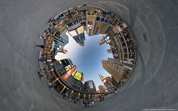 pandangan mata cacing dari bangunan, lanskap kota, kota, bangunan, jalan, bola panorama, Wallpaper HD
