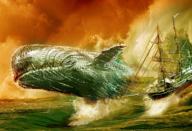 baleia de esperma pulando ao lado de navio a vela, natureza, animais, arte digital, trabalho artístico, Moby Dick, baleia, mar, navio, ondas, HD papel de parede