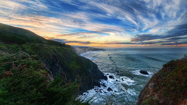 自然、水、ビッグサー、カリフォルニア、風景、海、海岸、崖、日没、 HDデスクトップの壁紙