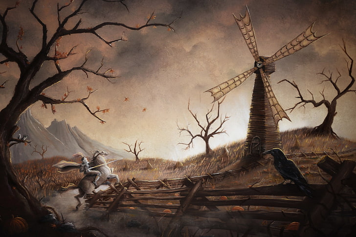 fantasy art, artwork, knight, windmill, Don Quijote, HD wallpaper