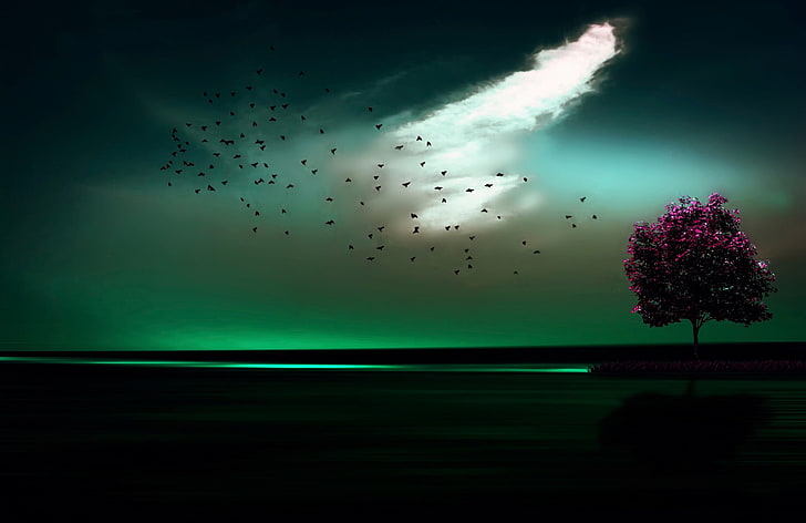 녹색 하늘 아래 보라색 잎된 나무 디지털 배경 화면, 아트웍, 디지털 아트, HD 배경 화면