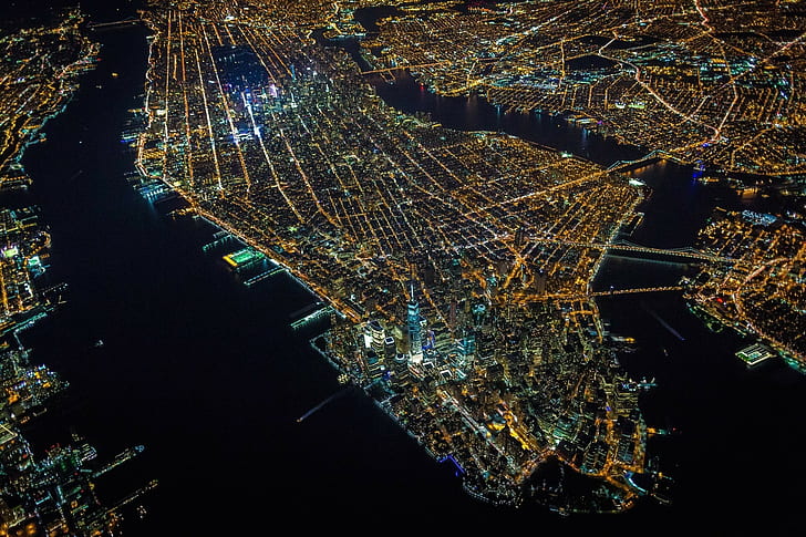 город, вид сверху, нью-йорк, манхэттен, огни города, HD обои