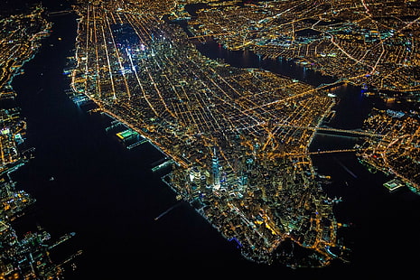 город, вид сверху, нью-йорк, манхэттен, огни города, HD обои HD wallpaper