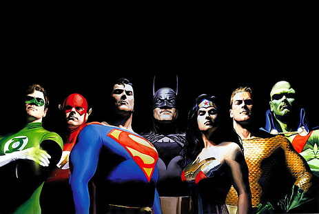 Komiksy, Liga Sprawiedliwości, Aquaman, Arthur Curry, Barry Allen, Batman, Bruce Wayne, Clark Kent, DC Comics, Diana of Themyscira, Flash, Green Lantern, Hal Jordan, Martian Manhunter, Superman, Wonder Woman, Tapety HD HD wallpaper