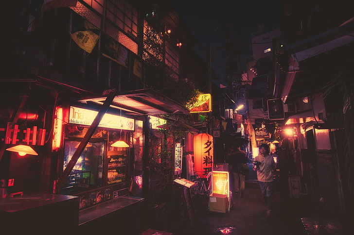 улица, город, фотография, огни, ночь, лампа, Япония, HD обои