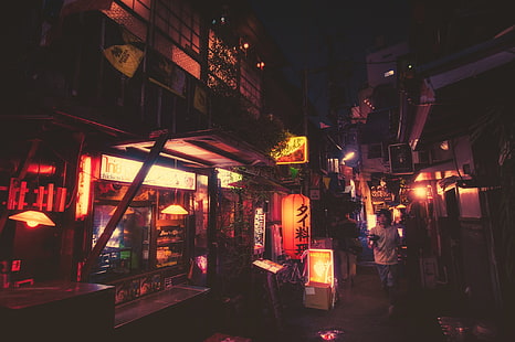 通り、都市、写真、ライト、夜、ランプ、日本、 HDデスクトップの壁紙 HD wallpaper
