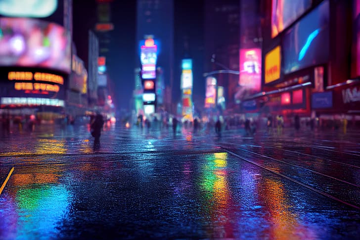 Times Square, Nova York, outdoors, neon, chuva, rua, HD papel de parede