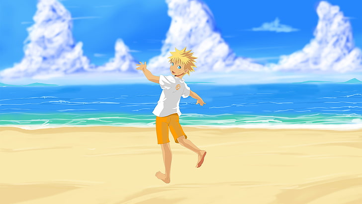 fondo de pantalla de niño Uzumaki Naruto, mar, playa, arte, Anime, Naruto, Uzumaki Naruto, Fondo de pantalla HD