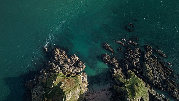 photo aérienne de mer et pierre, nature, mer, rochers, rocher, vue plongeante, Fond d'écran HD
