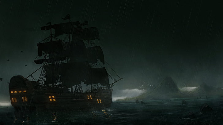 ship, old ship, island, rocks, birds, storm, water, sea, rain, clouds, sailing, HD wallpaper