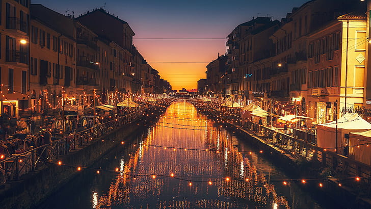 街の灯、クリスマスライト、naviglioグランデ、ミラノ、イタリア、ヨーロッパ、都市、クリスマス、都市の景観、クリスマス、都市、夜、クリスマスの装飾、運河、夕暮れ、 HDデスクトップの壁紙
