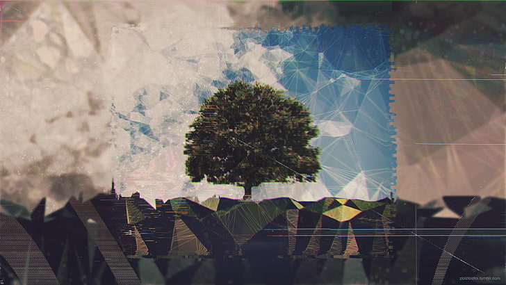 зеленое лиственное дерево иллюстрации, искусство глюк, шум, аннотация, пейзаж, природа, низкополигональная, деревья, цифровое искусство, небо, облака, забор, 3D, чистое небо, трава, дерево, HD обои