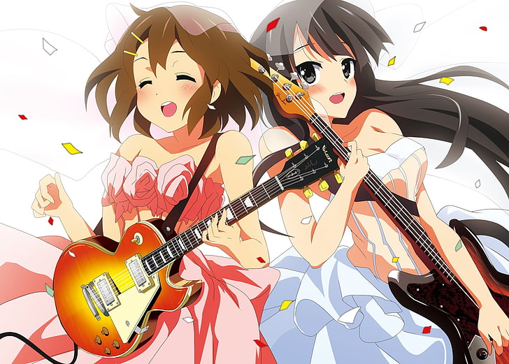 two brown and black haired female anime characters illustration, girls, guitar, fun, joy, music, HD wallpaper