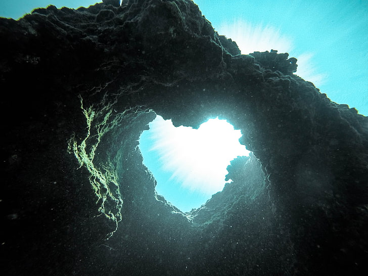 nature, water, underwater, cyan, heart, HD wallpaper